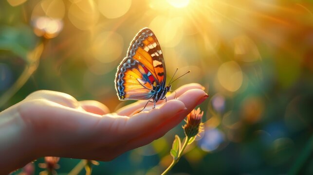 Colorful butterfly sits on woman fingers, harmony of nature, copy space, beautiful magic close-up professional photo
