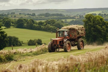 Fototapeta premium Farmer driving a vintage tractor through a picturesque countryside, carrying a load of hay.