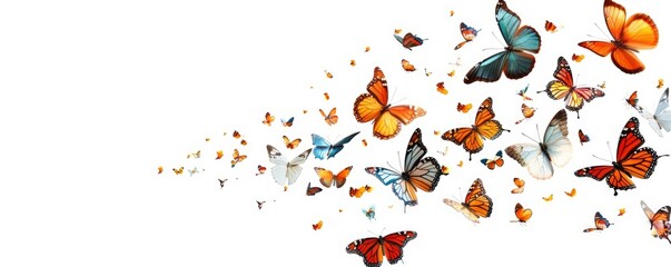 Flock of beautiful butterflies, isolated on white, professional photo