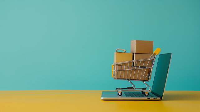 laptop with shopping cart on top and boxes in it, blue background, yellow table, minimalistic style, stock photo, in the style of a minimalistic artist