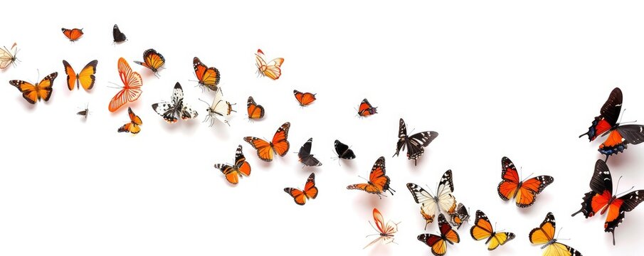 Flock of beautiful butterflies, isolated on white, professional photo