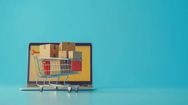 A laptop with shopping cart and cardboard boxes on the screen, online store concept, blue background, high resolution photography
