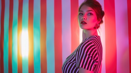 Handsome woman in striped dress on striped background, fashion shoot, professional studio photo
