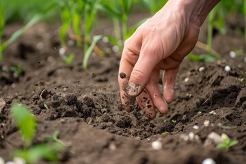 farmers hand holding wet soil, checking field moisture
