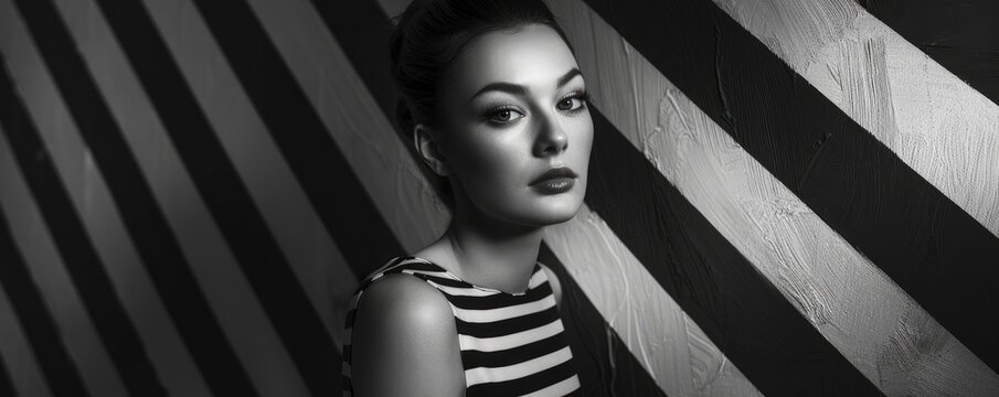 Handsome woman in striped dress on striped background, black & white fashion shoot, professional studio photo