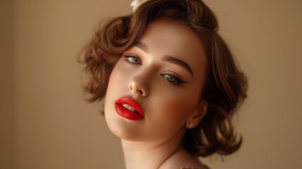 Handsome woman with plump lips and charming eyes portrait, pin-up make-up and hairstyle, posing in studio, professional photoshoot