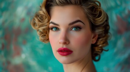 Fototapeta premium Handsome woman with plump lips and charming eyes portrait, pin-up make-up and hairstyle, posing in studio, professional photoshoot