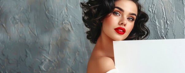 Handsome woman, with plump lips and charming eyes with pin-up make-up and hairstyle posing in studio holding white board