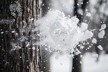 snowball exploding on a tree trunk, splatter visible