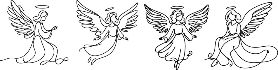 abstract angel woman with wings continuous one line drawing in black vector laser cutting engraving