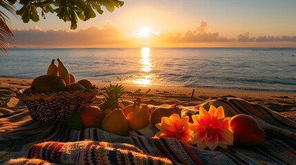 Tropical Beach Picnic with Fruits during Sunset, Beautiful Sunrise on the Beach with Flowers, To convey a sense of relaxation, leisure, and healthy living in a tropical paradise - obrazy, fototapety, plakaty