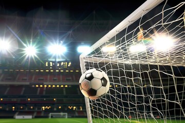 soccer ball caught in the net, stadium lights above