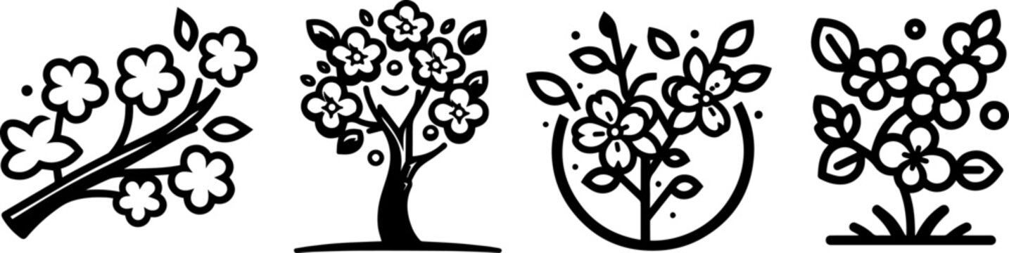 cherry trees drawn with thick line vector illustration silhouette for laser cutting cnc, engraving, decorative clipart, black shape