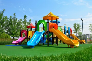 kids playground with colorful equipment on artificial turf base