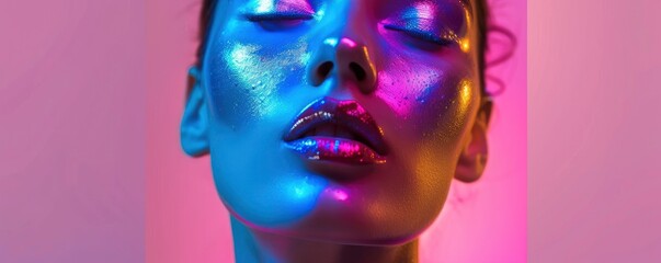 Obraz premium High fashion stunning beautiful woman model portrait with metallic silver lips and face, colorful bright neon uv lights, professional studio photo