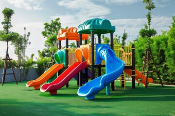 kids playground with colorful equipment on artificial turf base