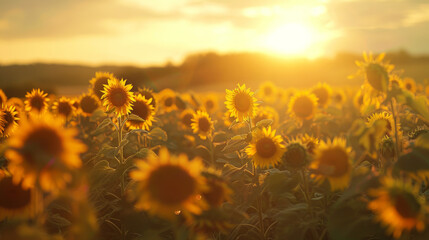 Warm and golden sunset cascading light upon a vast field of sunflowers in full bloom, the image evokes a sense of summer's abundance