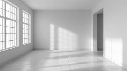 Empty room with monochromatic style, iperrealistic photography, architecture, black and white.