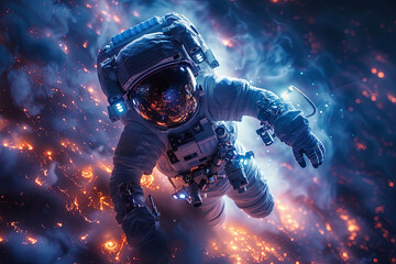 Astronaut man at spacewalk in spacesuit