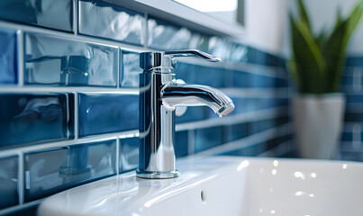  chrome faucet tap on a white vessel sink mounted on a blue tiled wall in a modern bathroom, Generative AI  - obrazy, fototapety, plakaty