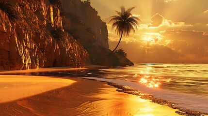 Serenity by the Shore: A tropical beach at sunset, with palm trees silhouetted against the orange...