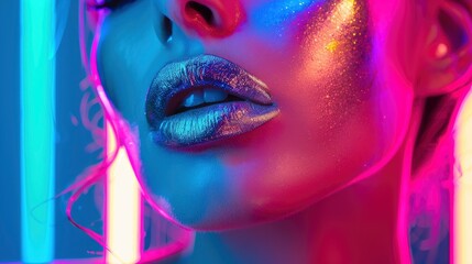 High fashion stunning beautiful woman portrait with metallic silver colored lips, colorful bright neon lights, professional studio photo