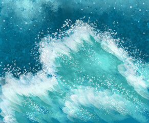 Raster romantic beautiful unusual magic illustration with stylized sea waves from petals against the background of a night sky with stars from flowers.