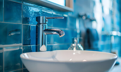  chrome faucet tap on a white vessel sink mounted on a blue tiled wall in a modern bathroom, Generative AI 