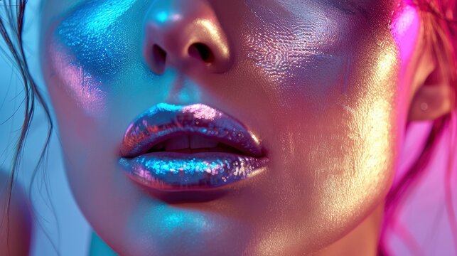 High fashion stunning beautiful woman portrait with metallic silver lips and face, colorful bright neon lights, professional studio photo