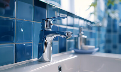  chrome faucet tap on a white vessel sink mounted on a blue tiled wall in a modern bathroom, Generative AI 