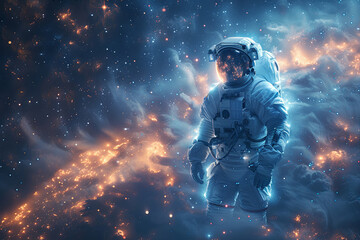 Astronaut man in a spacesuit stands in front of a cloud. Fire creating a sense of danger and...