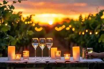 Foto op Plexiglas table with candles in a vineyard at sunset, wine glasses in hand © Alfazet Chronicles