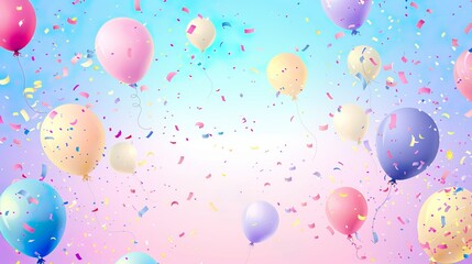 A playful cartoon pastel background with bouncing balloons and confetti, perfect for a festive design