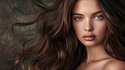 Stunning beautiful young caucasian brunette girl with long and shiny wavy hair, professional studio photo - obrazy, fototapety, plakaty