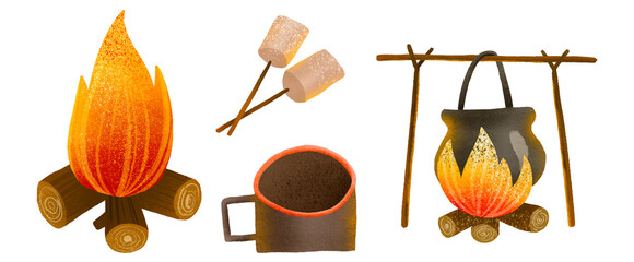 Set of tourist fires with cast iron pots and marmalade. Hiking in the mountains. Cute baby illustration on isolated background