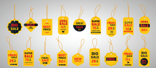 Set price tags or gift tags in different shapes.Set of labels with cord.Yellow discount label