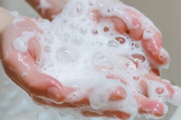 Fototapeta premium closeup of foaming hand wash on palms and fingers