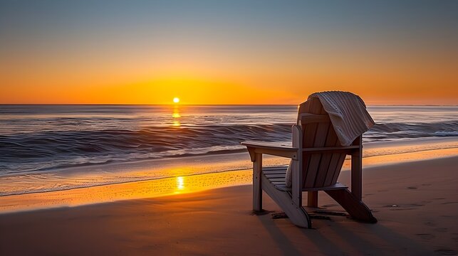 Adirondack Chair on Beach at Sunset, To convey a sense of relaxation and tranquility in a coastal setting during sunset, To evoke feelings of peace, relaxation, and awe, and to inspire photography,
