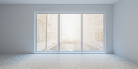 Empty room with large window overlooking street 3d render illustration