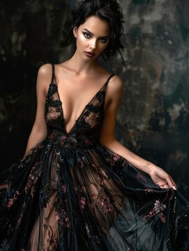 Stunning beautiful young caucasian brunette in gorgeous dress, motion shot, professional studio photo