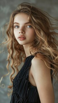 Stunning beautiful young caucasian girl with magnificent hair, professional studio fashion photo