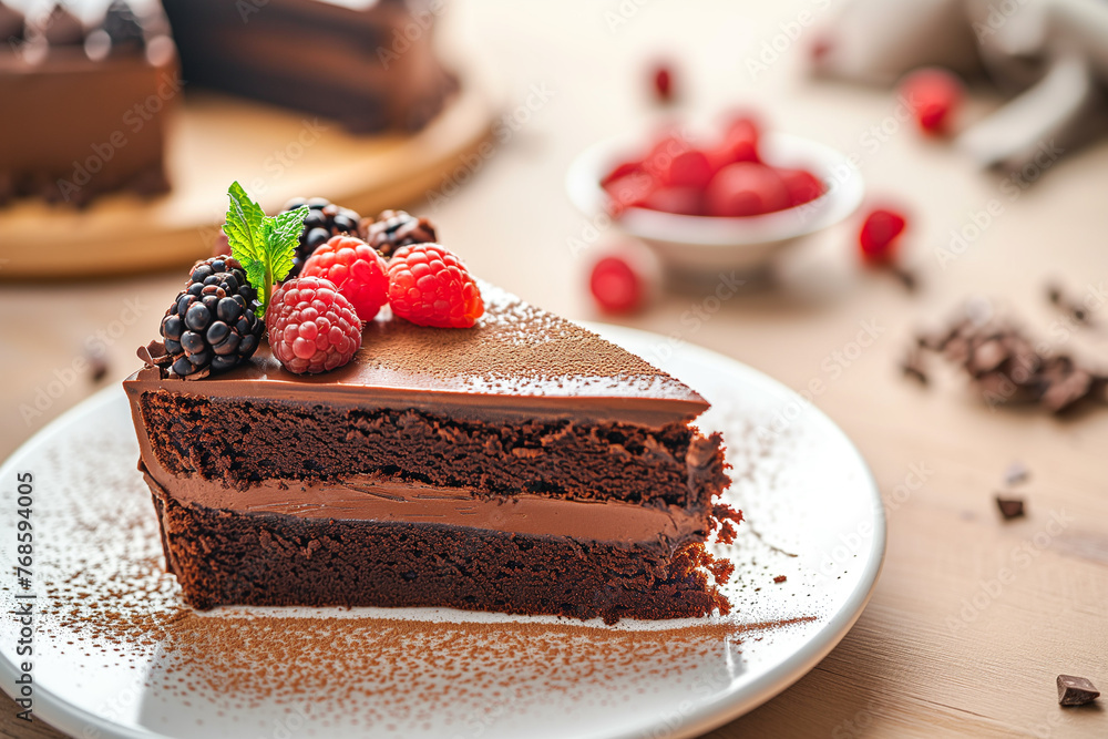 Poster a slice of chocolate cake with raspberries on top. the cake is cut into a triangle and is served on 