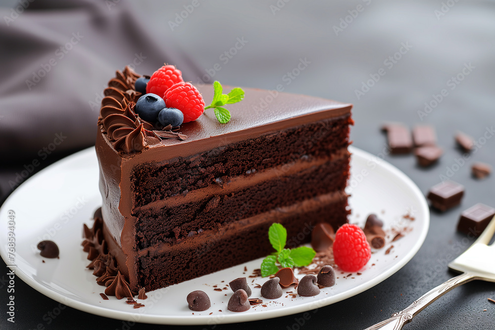 Poster a slice of chocolate cake with raspberries on top. the cake is cut into a triangle and is served on 