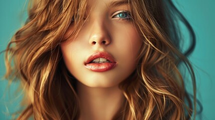 Fototapeta premium Stunning beautiful young caucasian girl with plump lips charming eyes and magnificent hair, professional studio fashion photo 