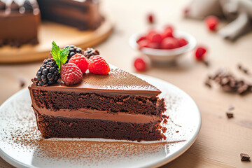 A slice of chocolate cake with raspberries on top. The cake is cut into a triangle and is served on a white plate. The plate is placed on a wooden table