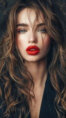 Fototapeta premium Stunning beautiful young caucasian girl with plump lips charming eyes and magnificent hair, professional studio fashion photo