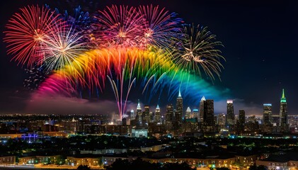 Fototapeta premium Rainbow fireworks over the night city