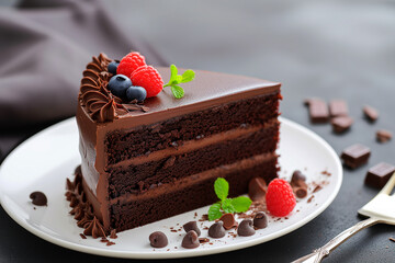 A slice of chocolate cake with raspberries on top. The cake is cut into a triangle and is served on...
