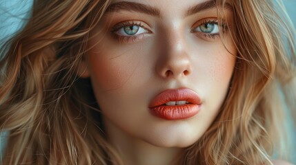Stunning beautiful young caucasian girl with plump lips charming eyes and magnificent hair, professional studio fashion photo - obrazy, fototapety, plakaty