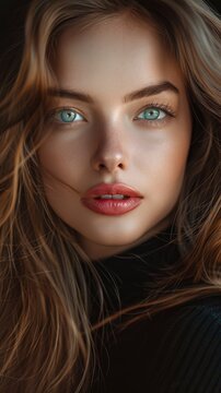Stunning beautiful young caucasian girl with plump lips charming eyes and magnificent hair, professional studio fashion photo